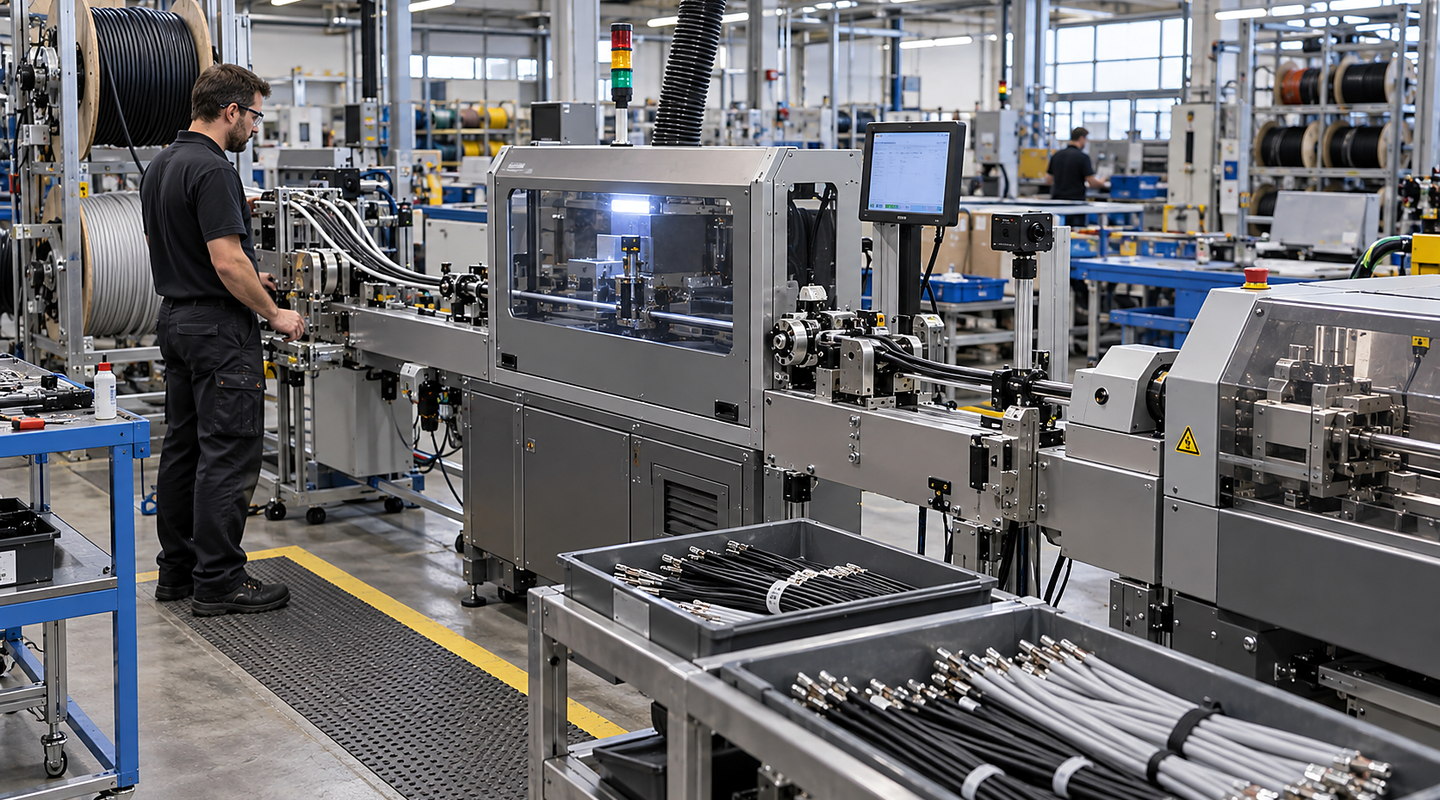 Cables moving through an inline marking station with variable data printed and inspected before cut or assembly.