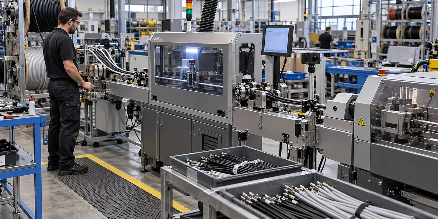 Cables moving through an inline marking station with variable data printed and inspected before cut or assembly.